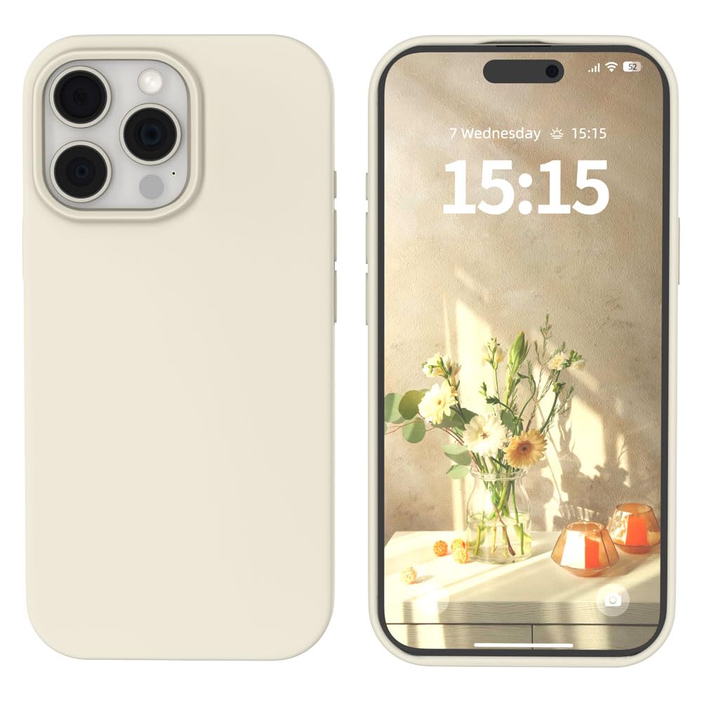 SOH Compatible with iPhone 15 Pro Max Case, Liquid Silicone Case, Full Body Shockproof Protective Cover Slim Thin Phone Case with [Soft Anti-Scratch Microfiber Lining], 6.7 inch-Stone