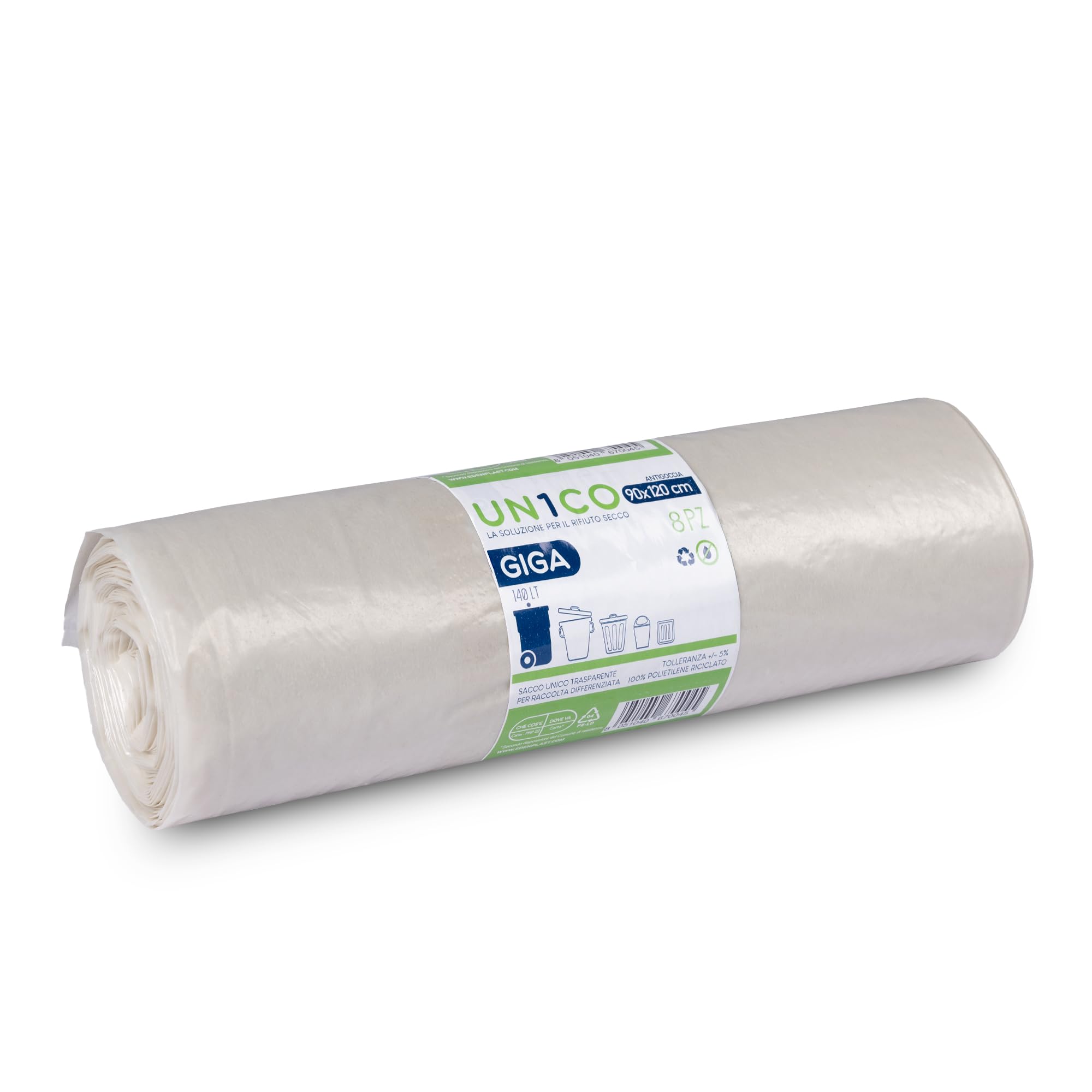 UN1CO GIGA Sacchi Spazzatura Trasparenti 140L - 90x120 cm – Sacchi Raccolta Differenziata Rifiuto Secco - Antigoccia - Polietilene Riciclato - 13 Rotoli da 8 sacchi