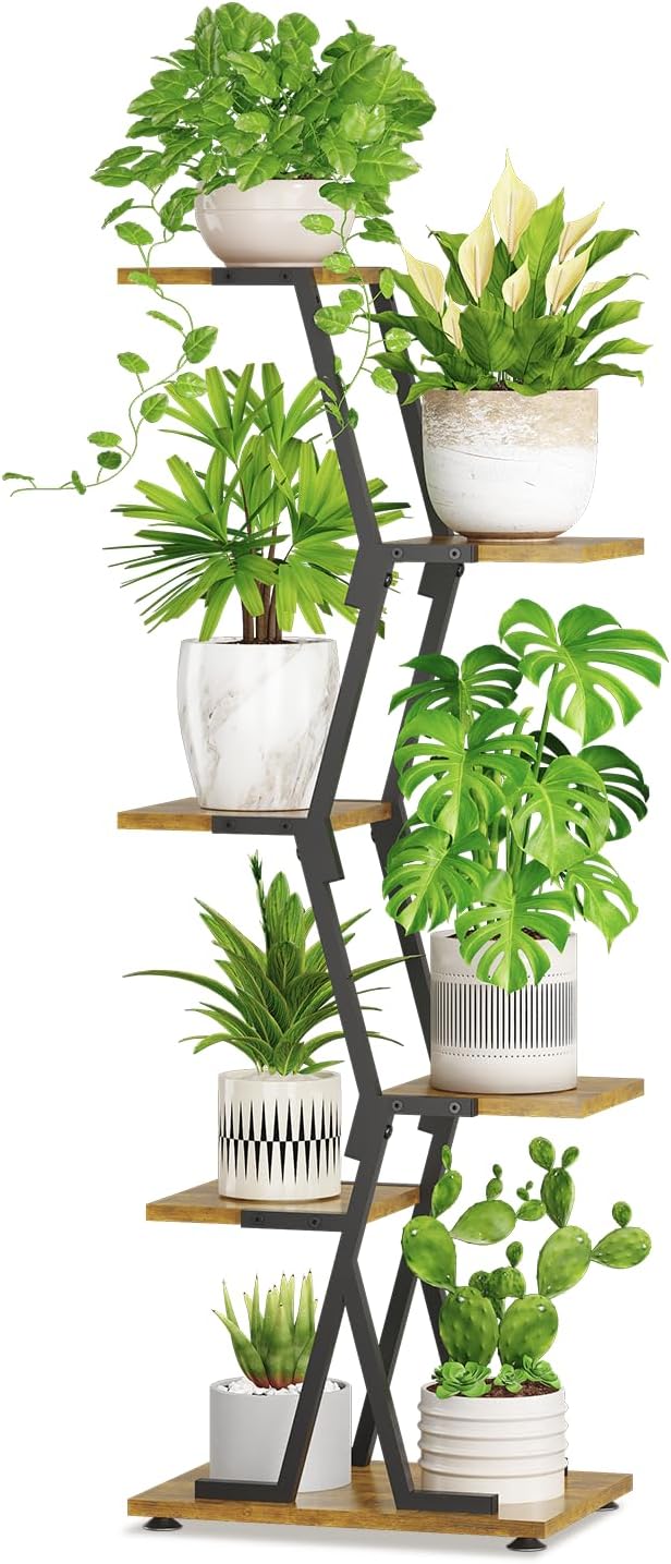 iDavosic.ly 5 Tier Indoor Plant Stand, Corner Tall Metal & Wood Flower Shelf, Orchid Display Rack for Living Room Balcony Patio Porch, Space Saving & Multifunctional Display, Black & Brown