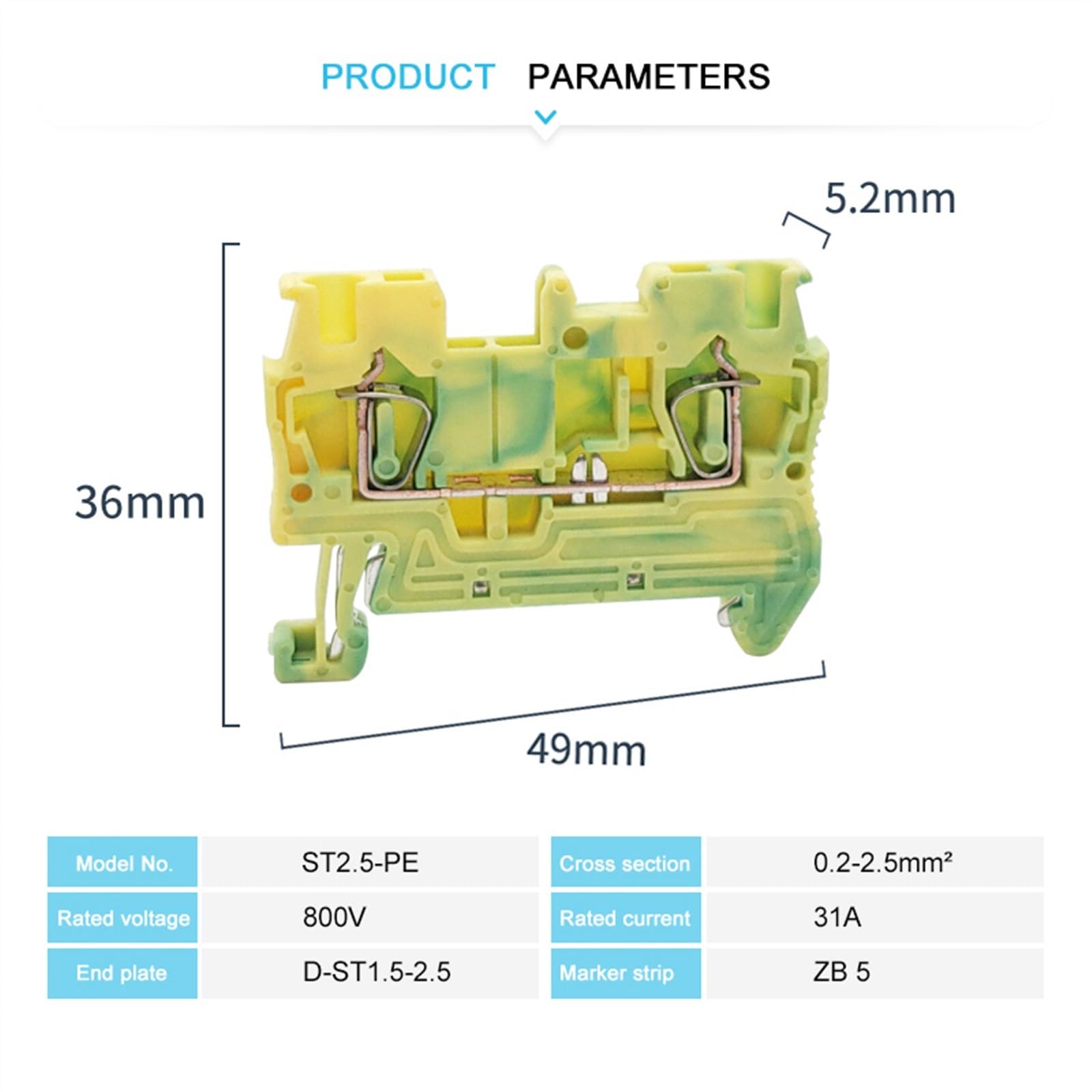 5Pcs ST4-PE Din Rail Ground Connector Spring-cage Earth Pull Electrical 4mm Grounding Feed-Through Terminal Block ST 4-PE