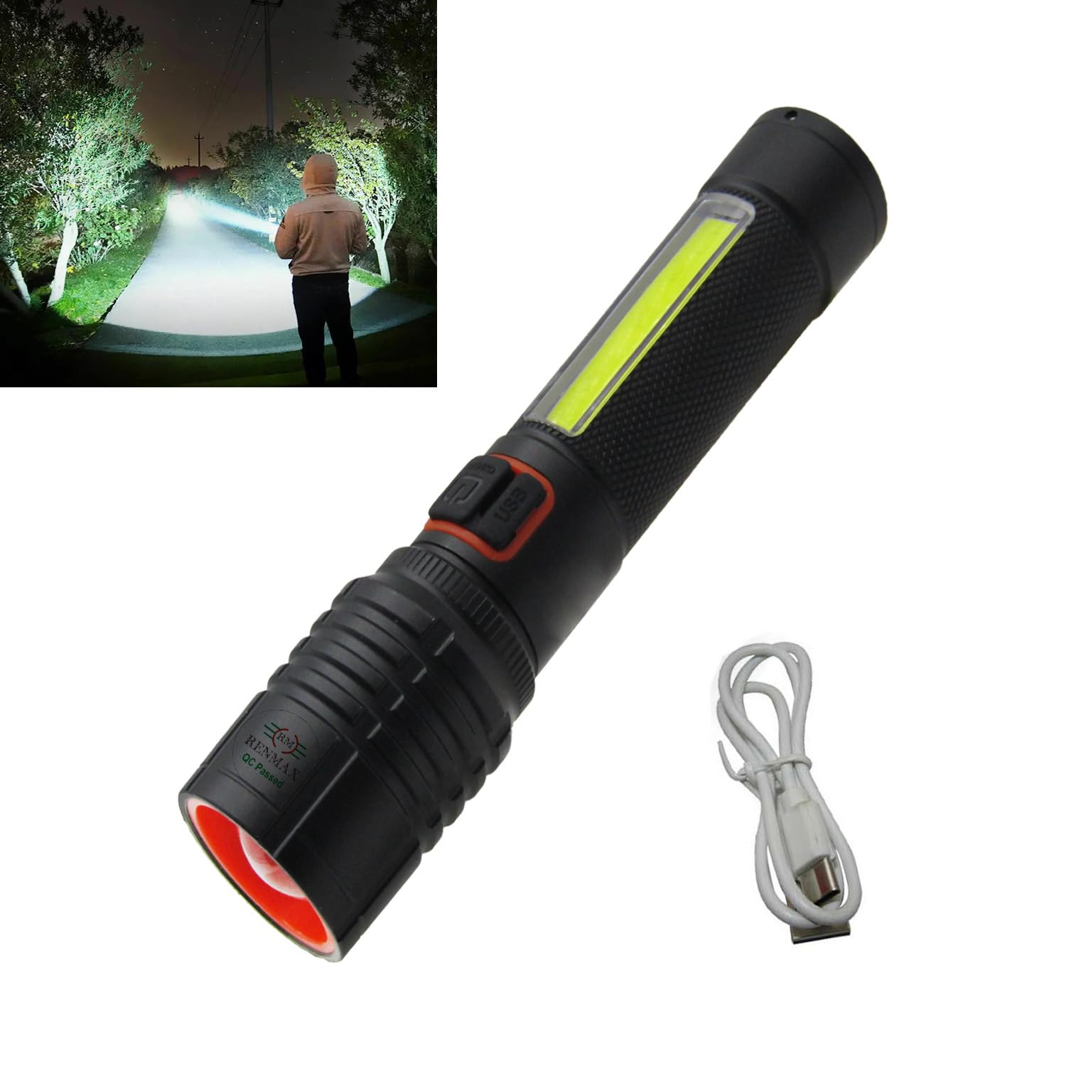 RENMAX Super Bright Hand Torch | Zoomable, 4-Light Modes with Emergency Light| 2000mAh Rechargeable Battery with C-Type Fast Charging | Rainproof Metal Body -1 Pc (14 Cm Black)