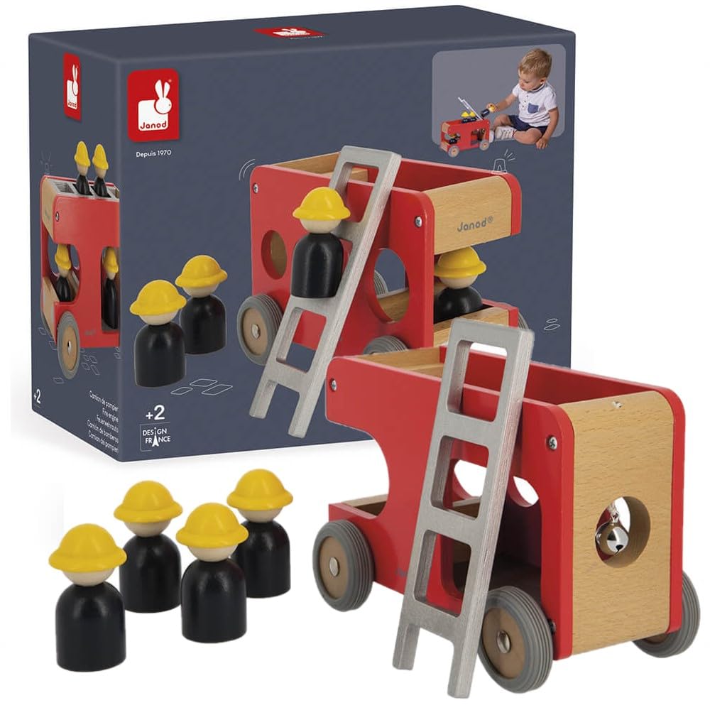 Janod - Camión de Bomberos de Madera Bolid - 4 Bomberos - Ruedas Silenciosas - Imaginación y Motricidad Fina - Certificado FSC - Pintura al Agua - A partir de 2 Años, J04632