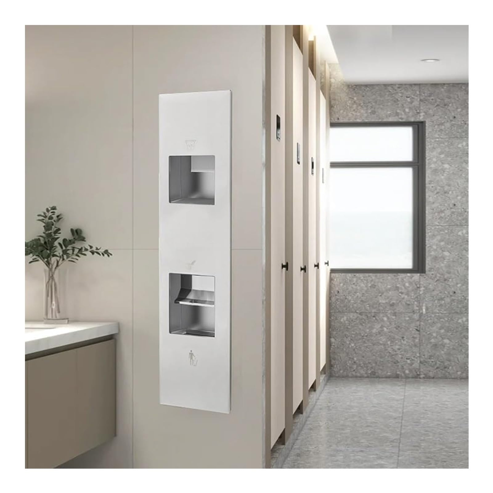 Dispensador de toallas de papel empotrado de acero inoxidable con cubo de basura de pared, compatible con toallas plegables en C, múltiples y triples, grado comercial, diseño duradero