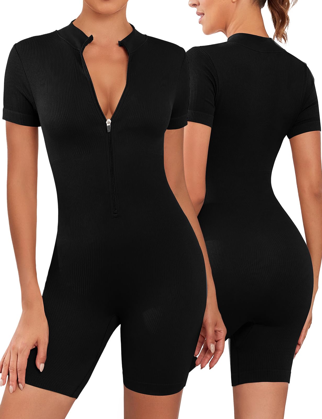 Voqeen Mono de Mujer Deportivo Corto Elegante Monos de Yoga Ajustado Sexy Jumpsuit Manga Corto con Cremallera Elásticos Fitness Overol de Una Pieza Deporte de Punto Acanalado