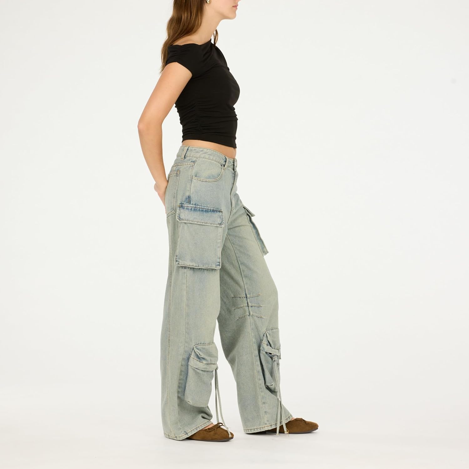 Forever 21 Women's Cargo Jeans-Wide-Leg Denim with Oversized Utility Pockets - Image 3
