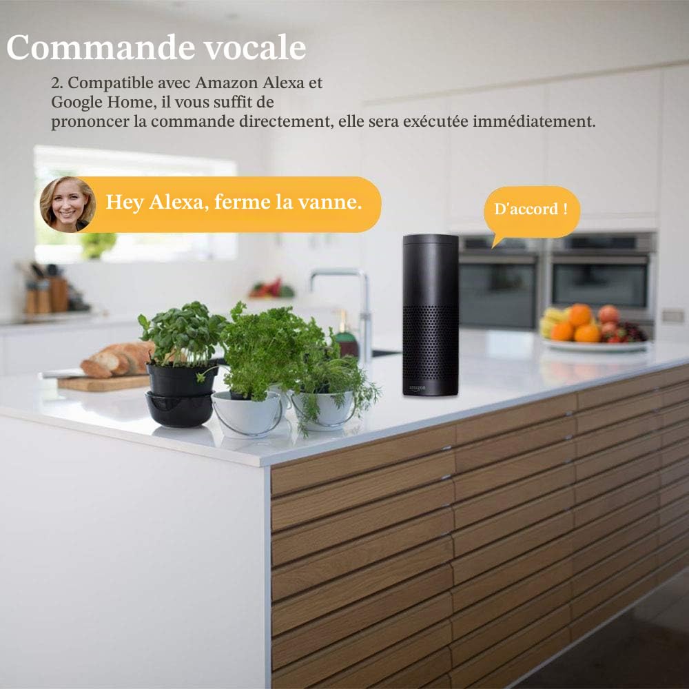 Valve intelligente d'eau/gaz, contrôle vocal/WiFi, valve intelligente sans fil compatible avec Alexa et Google pour cuisine/jardin/ferme (EU)