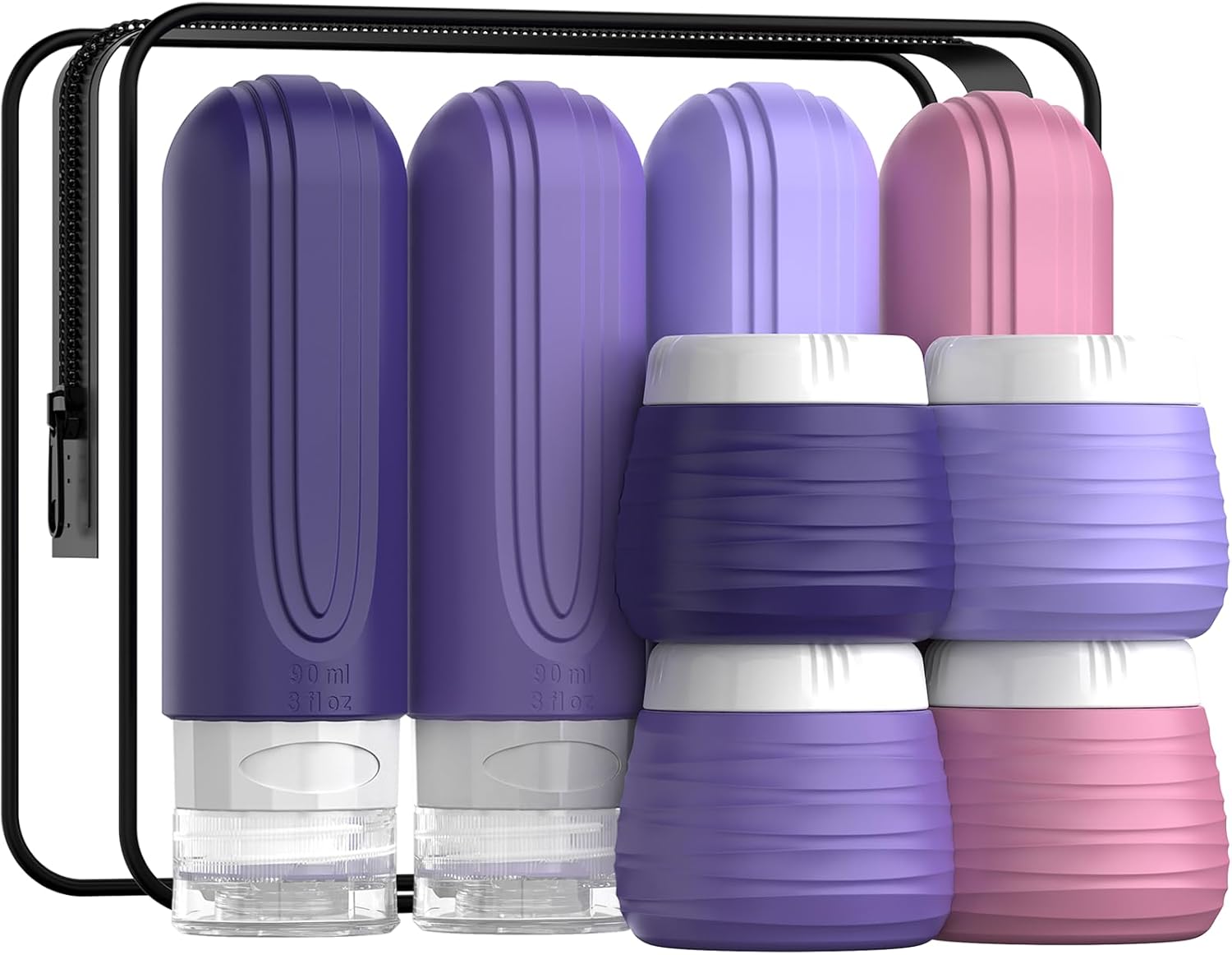 Travel Bottles for Toiletries 8 Pack, TSA Approved Travel Size Toiletries Containers Set, 4 Silicone Leak Proof Refillable Bottles and 4 Creams Jars Accessories Kit W/Clear Bag (PURPLE)