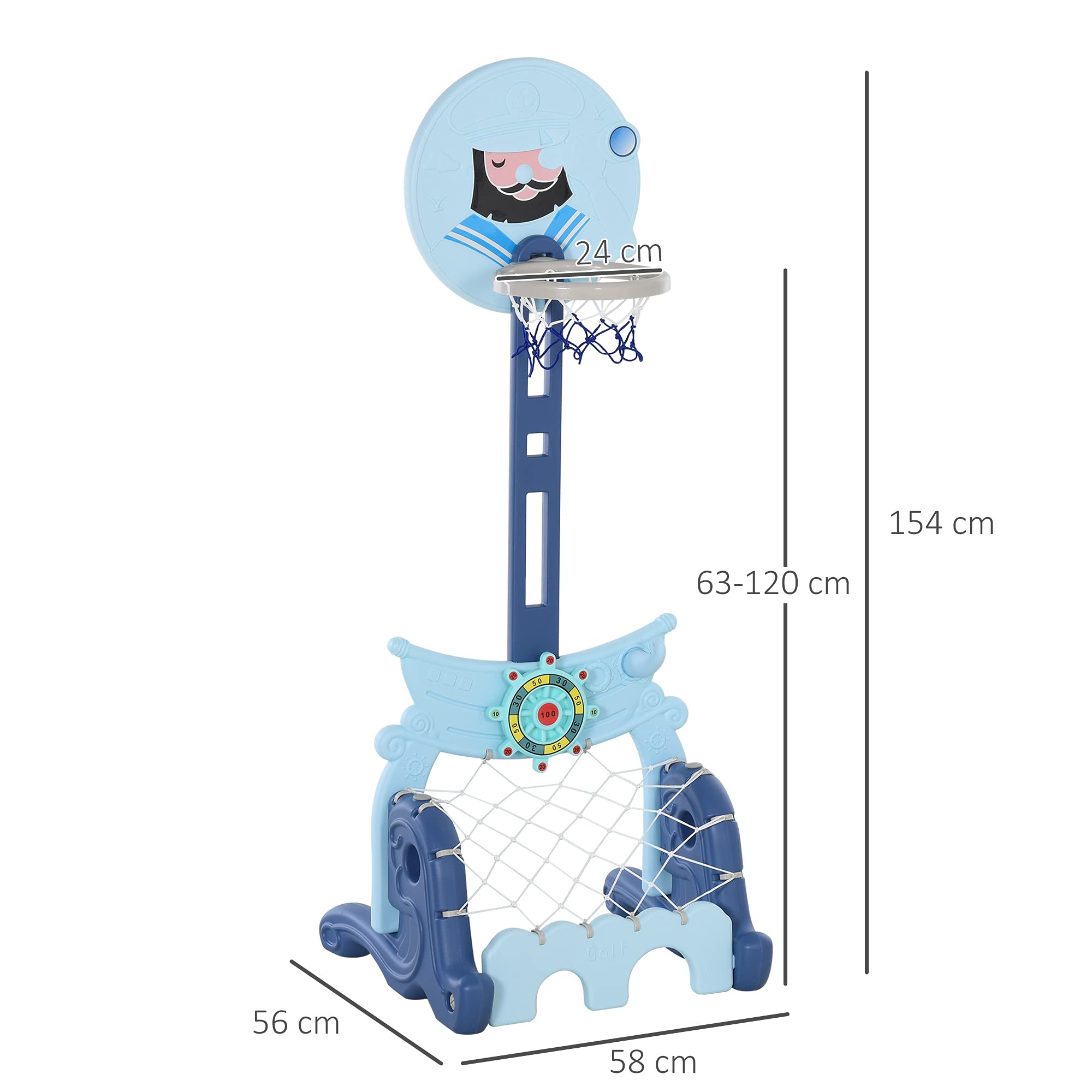 HOMCOM Canasta de Baloncesto con Soporte 4 en 1 Juego de Golf Balón de Fútbol con Altura Ajustable Centro de Actividades para Niños de +3 Años 58x56x154 cm Azul