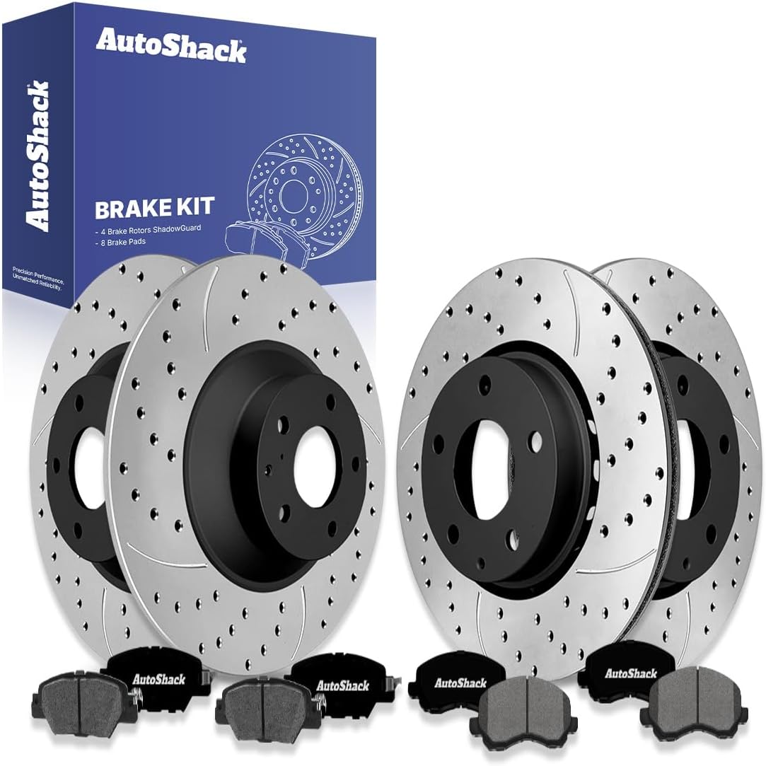 AutoShack Front Vented & Rear Solid Drilled & Slotted E-Coated Brake Rotors + Premium Ceramic Pads 12-PC Brake Kit Replacement for 2016-2023 Mazda CX-5 2025 Mazda CX-5 ShadowGuard