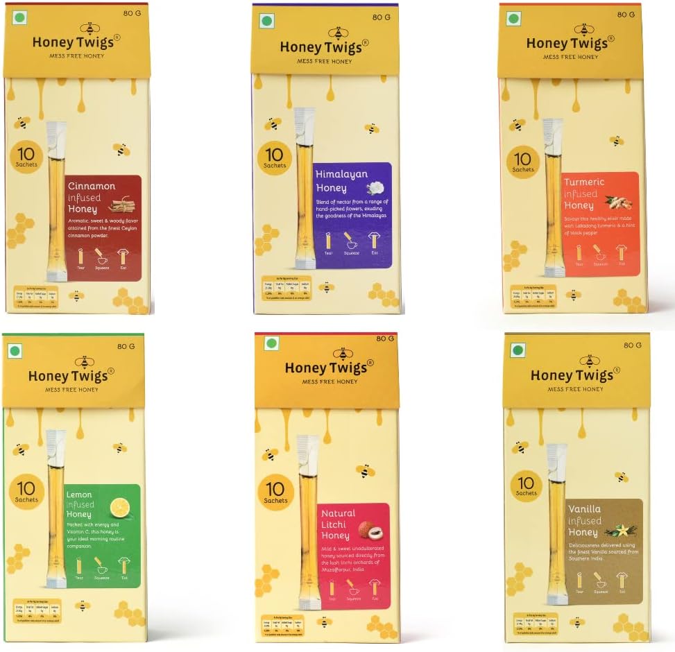 Honey, Himalayan Multi Floral , Litchi , Cinnamon Honey, Lemon , Turmeric and Vanilla Combo, 480g (80g x 6 Packs - 60 Sachets) | Healhty Traceable Source | Zero Additives | Zero Added Sugar | For Enhanced Immunity for an Active Lifestyle