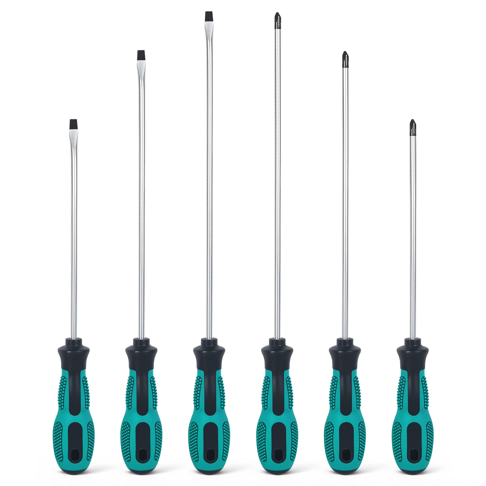 Hikrxya 6pcs Professional Long Reach Screwdriver Set, 3 Flat + 3 Cross Heads with Extra Long Reach, Magnetic Tips Phillips Slotted Screwdrivers & Soft Grip Handles (3 Sizes)