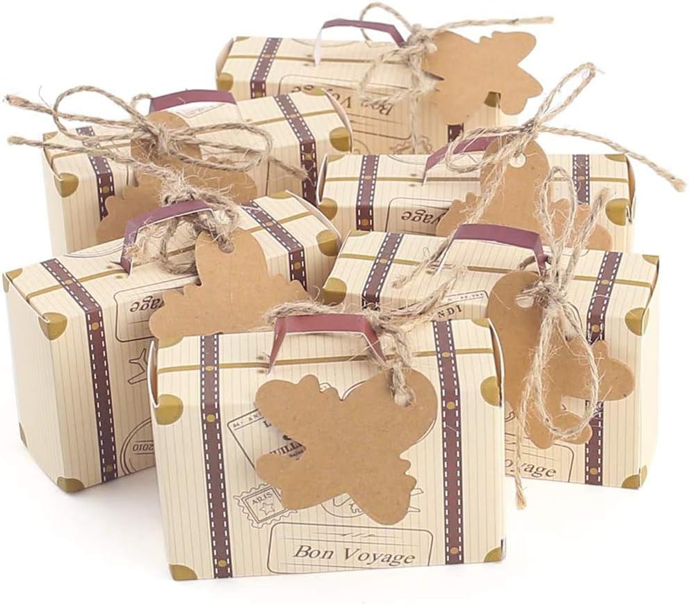 VGOODALL120 Pcs Mini Suitcase Favor Box Party Favor Candy Box, Vintage Kraft Paper with Tags and Burlap Twine for Wedding/Travel Themed Party/Bridal Shower Decoration