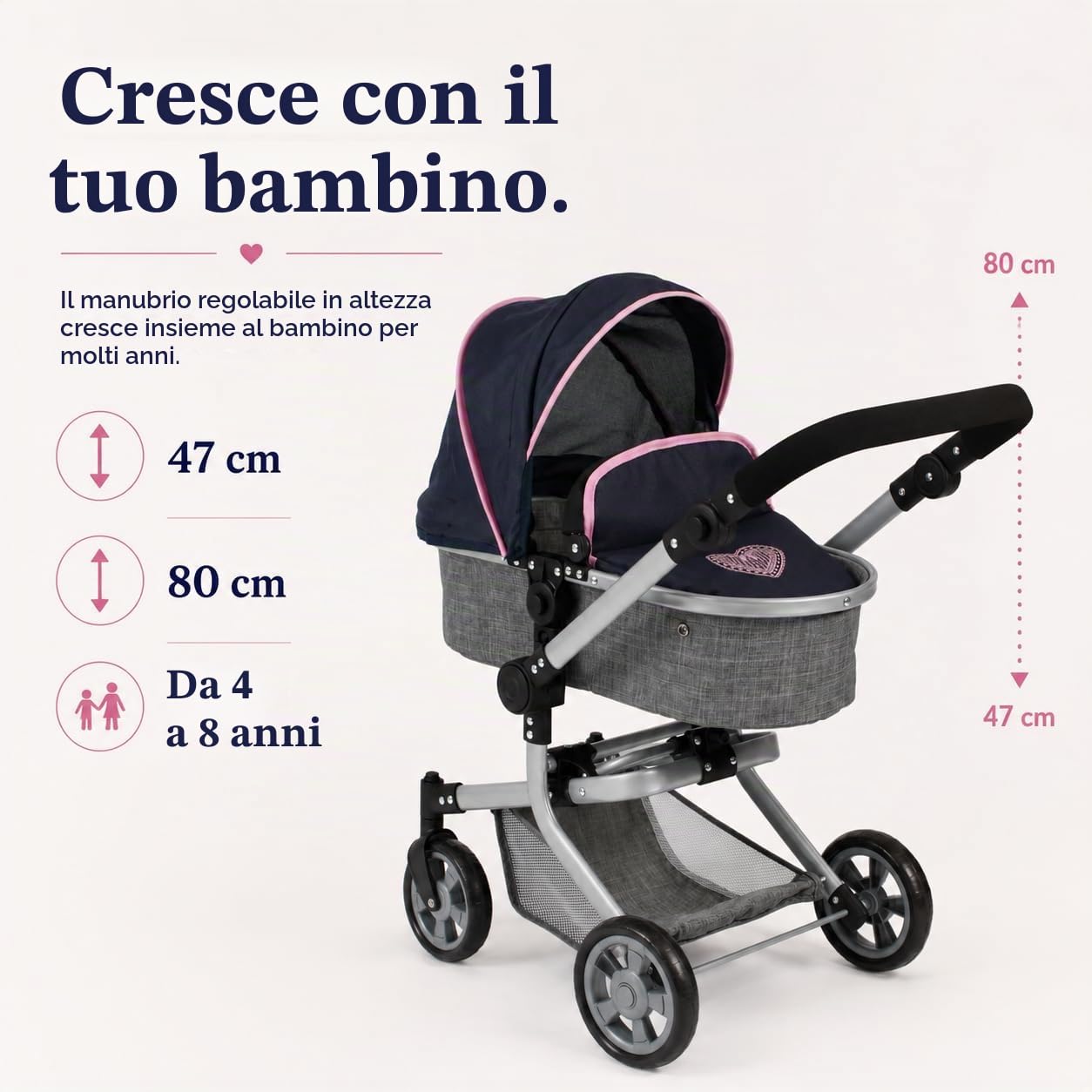 Bayer Chic 2000 - Passeggino per bambole Mika, passeggino combinato 2 in 1 per bambini dai 4 agli 8 anni, grigio melange