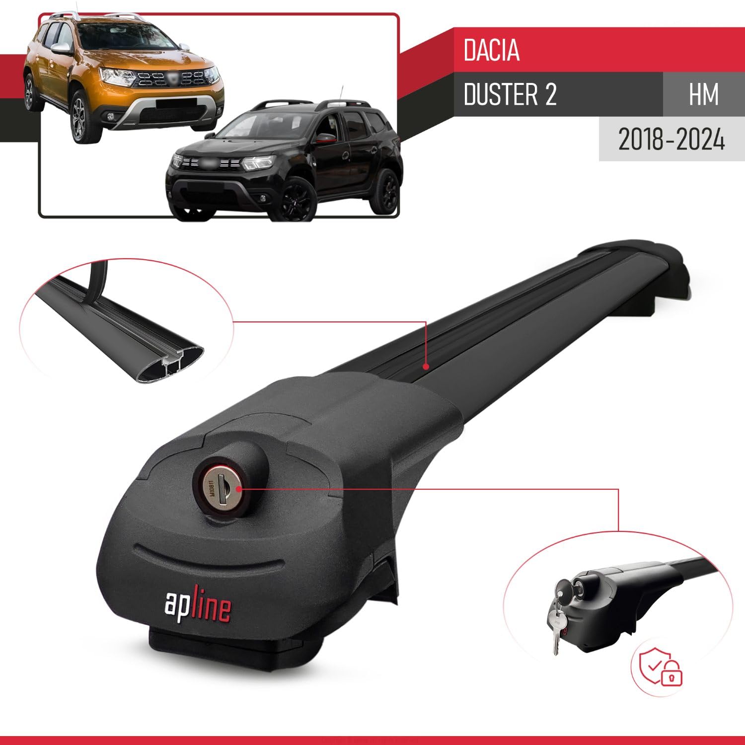 Compatible con Dacia Duster 2 (HM) 2018-2024 Modelo Ace-1 Barra de Techo Auto Portaequipajes Barras Transversales Negro Aluminio 2 Barras