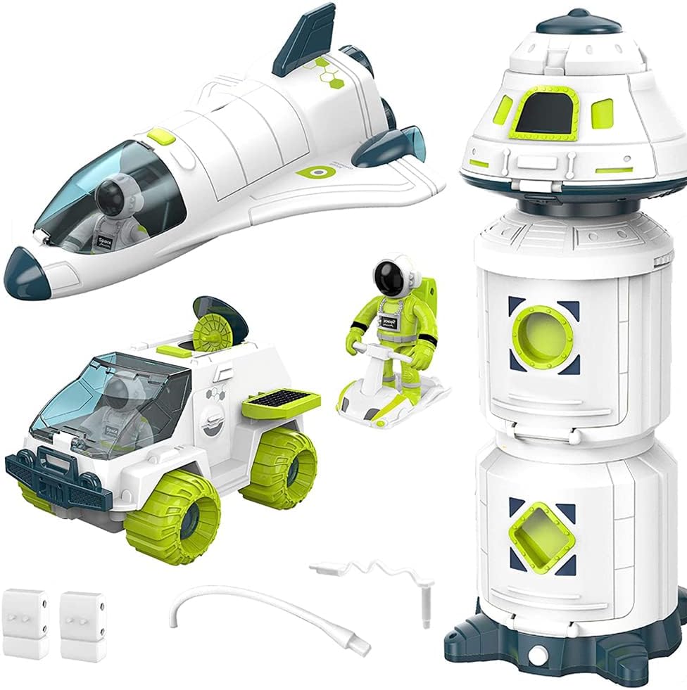 4-in-1 Space Toy Set: Space Shuttle, Space Capsule, Space Rover, Space Station, 3 Astronauts Figure, Spaceship Rocket Toys for Any Interstellar Mission Adventure (4-in-1)