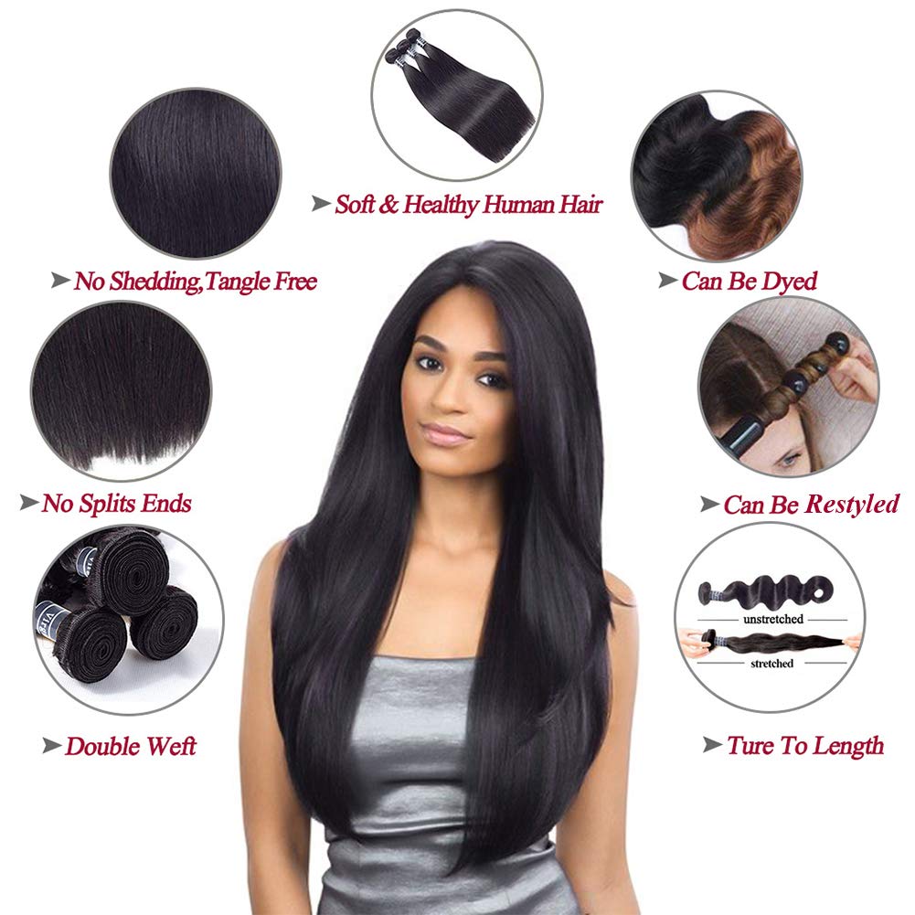 Amella Hair 10A Straight Human Hair Bundles (16 18 20 Inch) Straight Bundles Human 100% Unprocessed Brazilian Virgin Remy Straight Weave