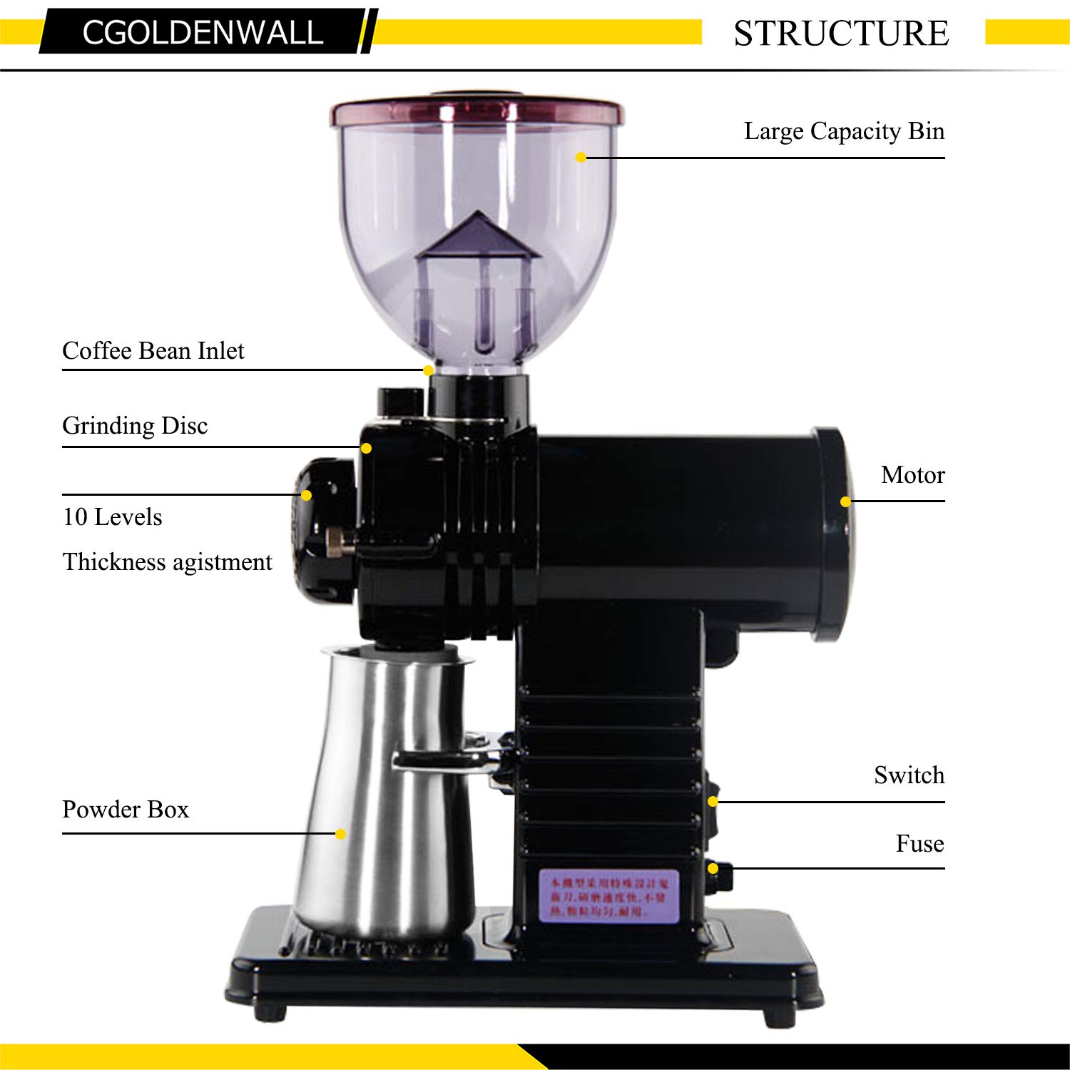 CGOLDENWALL Molinillo de café eléctrico, molinillo de café automático, molinillo de granos de café, molinillo de granos de café, 10 niveles de grosor ajustable (negro)