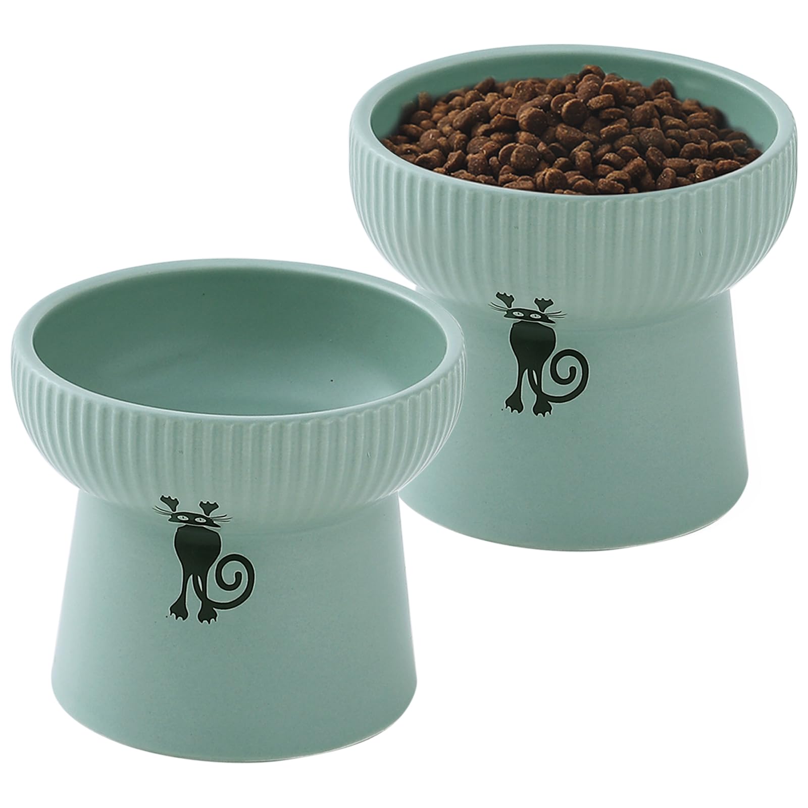 OMAYKEY Ceramic Raised Cat Bowls, Elevated Cat Food and Water Bowls Set, 15 oz Porcelain Stress Free Pet Feeder Bowl Dish for Cats and Small Dogs, Dishwasher and Microwave Safe - Set of 2
