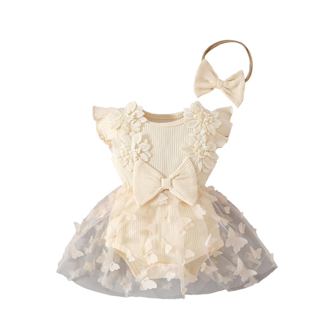 Vestito Tutina per Neonata, Abito in Tulle con Ricami 3D a Farfalle Senza Maniche con Volant + Set Cerchietto con Fiocco, Abbigliamento Estivo Autunno per Neonate, Beige/Rosa 0-18 Mesi
