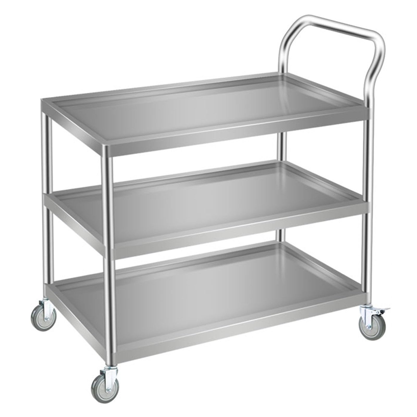 Chariot à roulettes utilitaire en acier inoxydable avec finition polie et 2 roues verrouillables pour cuisine, restaurant, hôtel, utilisation à domicile, triple couche, 80 x 50 x 90 cm