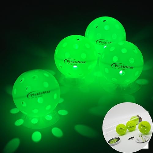PickleStar - Pelotas de pickleball con luz LED, bolas de pickleball que brillan en la oscuridad, tamaño oficial al aire libre con luz, paquete de 4
