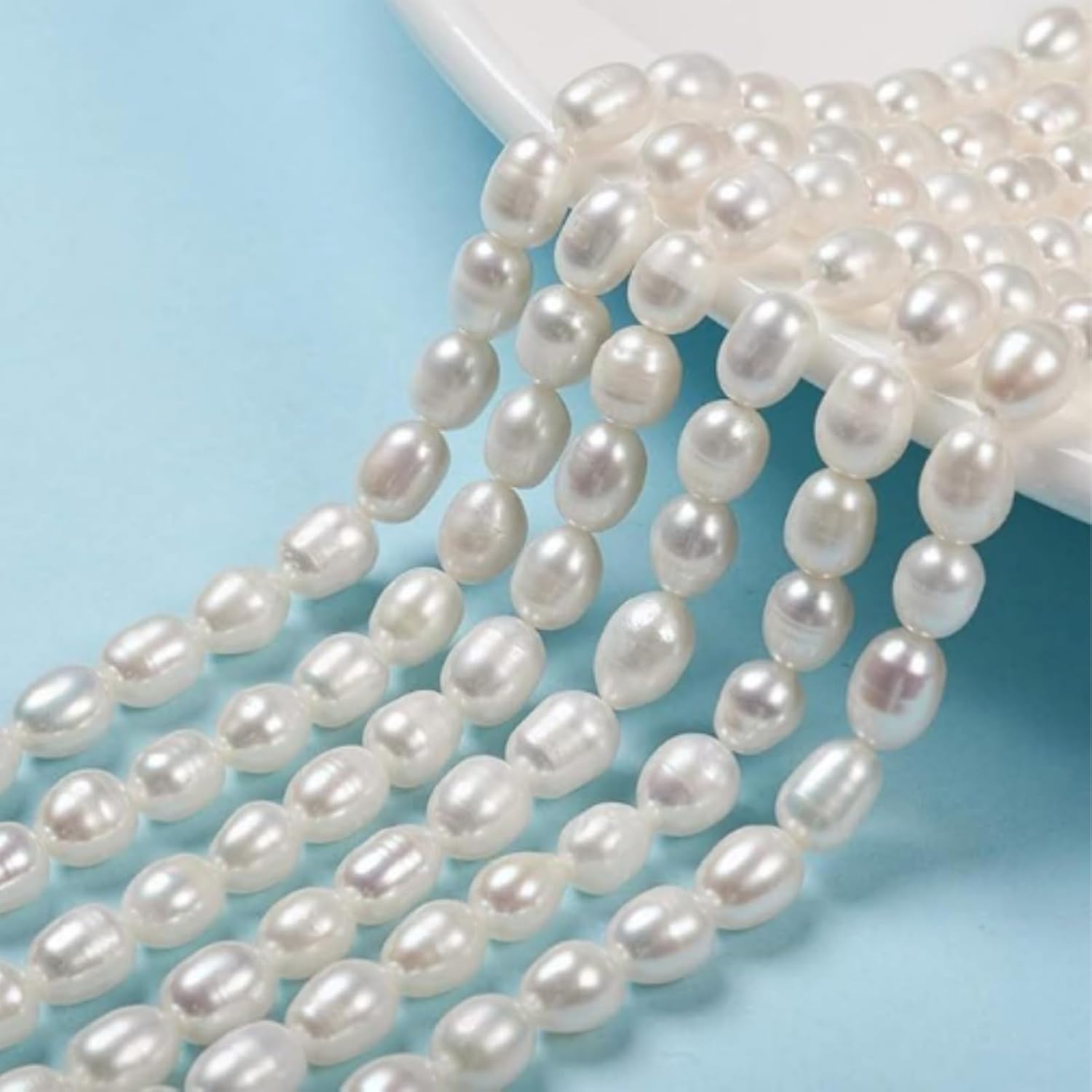 Natural Pearl Beads for Jewelry Making Freshwater Pearl Beads Cultured White Round Rice Seashell Pearls for Necklaces Bracelets Earrings (3 Strands, About 42Pcs/Strand)