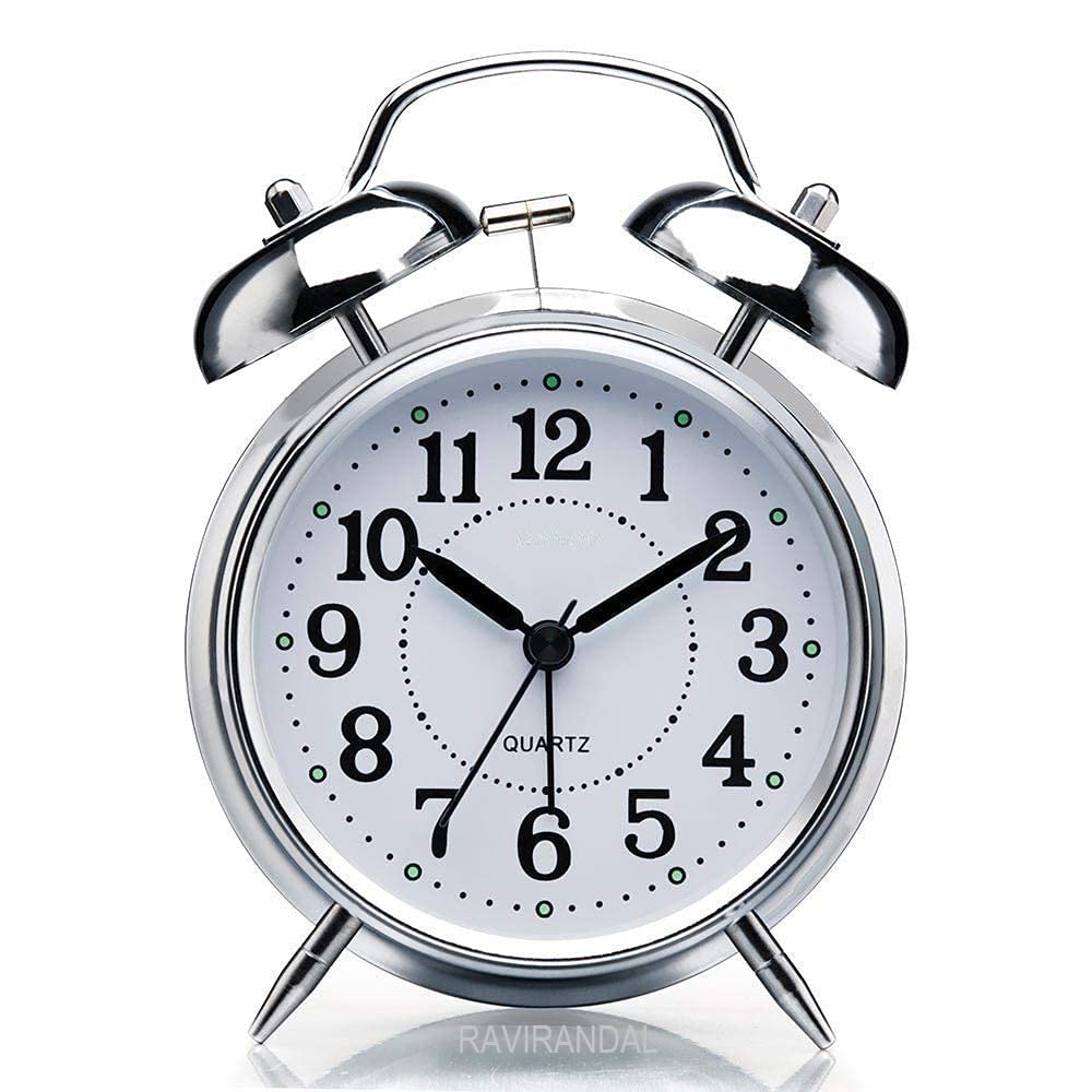 RAVIRANDAL Brass Vintage Twin Bell Table Top Alarm Clock with Night Led Light Display Alarm Clock for Bedroom Heavy Sleepers Kids and Students (Silver)