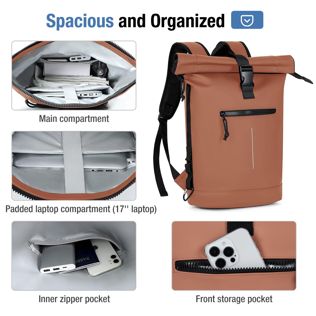 Lekeinchi Zaino Rolltop Uomo Donna Porta PC 17 Pollici | Zaino Impermeabile Uomo Donna - Rains Zaino con Strisce Riflettenti - Zaino da Viaggio Espandibile - Casual Lavoro Università - Marrone