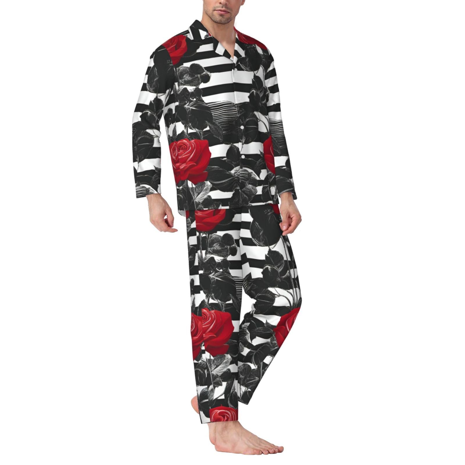 Nero Strisce Bianche Rosse Fiori Stampa Uomini Manica Lunga Pigiama Set Due Pezzi Home Wear Confortevole Indumenti Da Notte