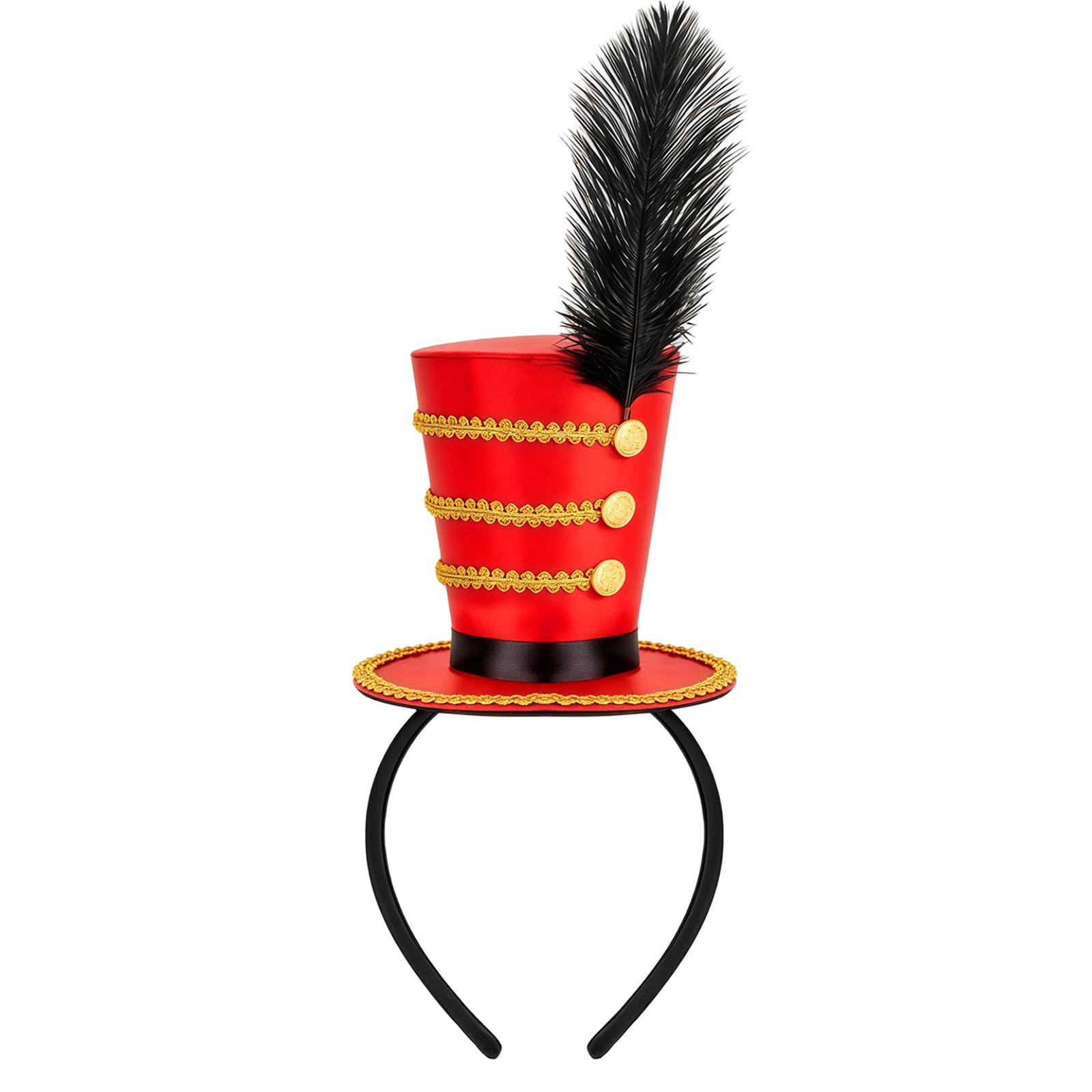 XNFUOE Circus Ringmaster Hat Headband Black Mini Top Hat with Gold Trim and Black Feather Halloween Cosplay Party Costume Accessory for Adult