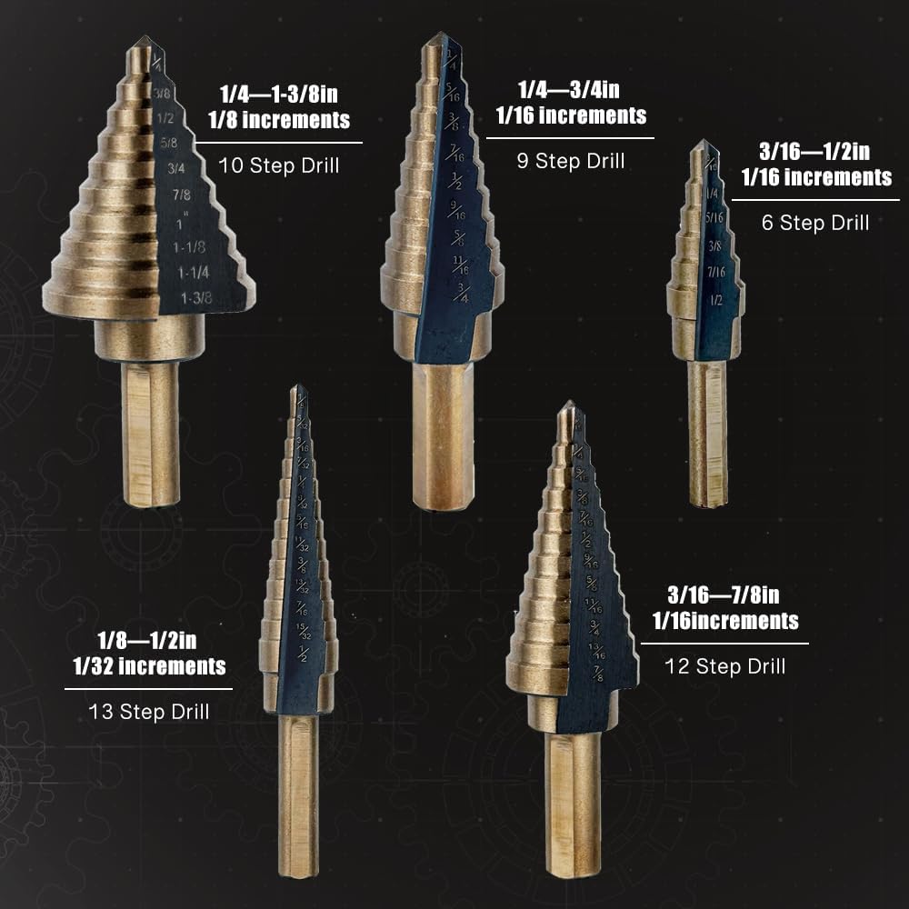 5pcs Step Drill Bits Set, 5PCS HSS Titanium-Coated Step Drill Bit 50 Sizes from 1/8" to 1-3/8" Tri-Flat Shank with Center Punch for Metal, Aluminum, Wood, Plastic, with Aluminum Case