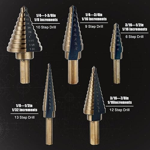 Miniatura 2 de Juego de 6 brocas escalonadas para metal, 50 tamaños, vástago triplano HSS recubierto de titanio con punzón central para aluminio, madera, plástico,