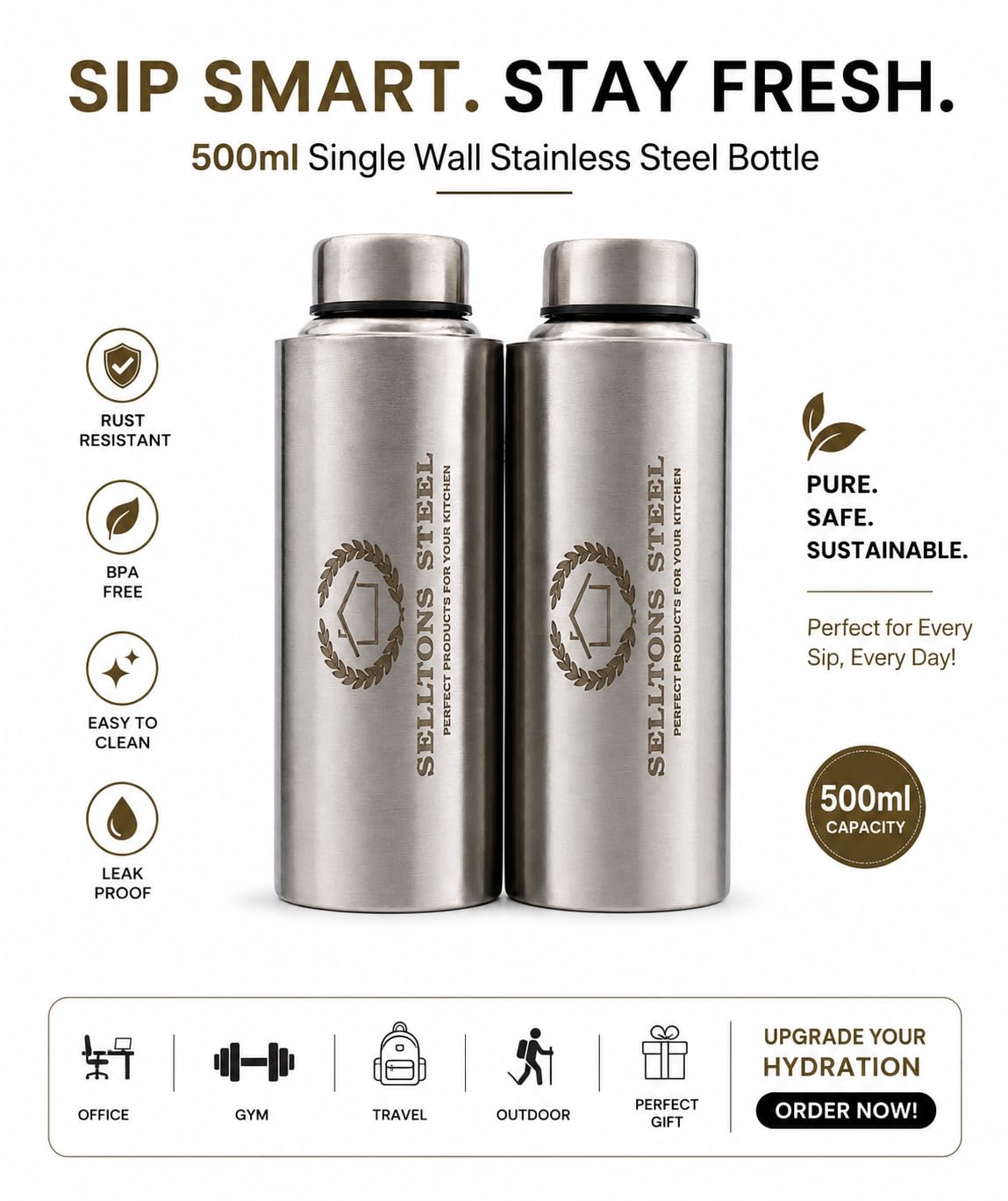 SELLTONS Steel Water Bottle - 2 Pack, Leak Proof -2