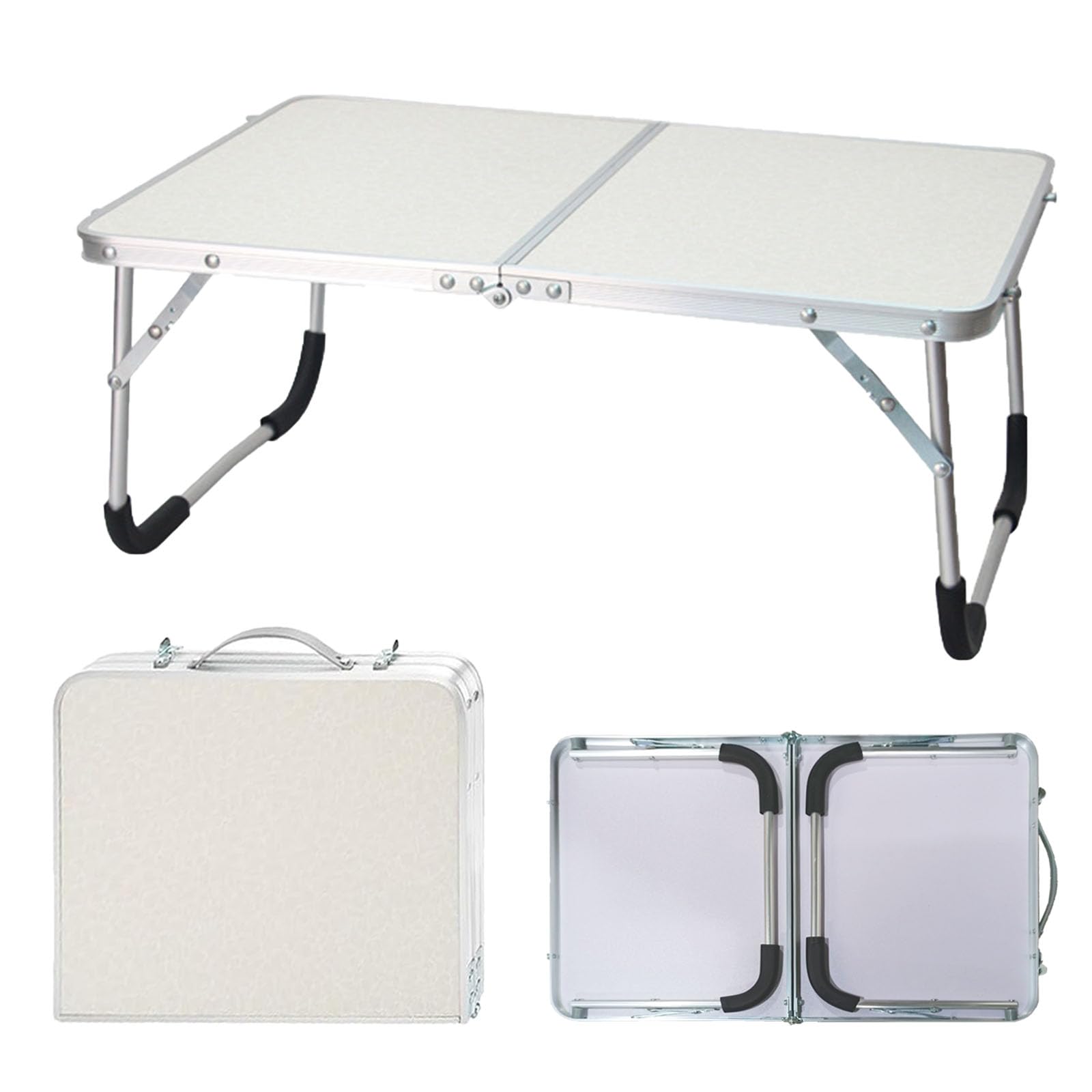 Kleiner Klapptisch, 61 x 40 x 26 cm Aluminium Laptoptisch Klappbar, Tragbar Betttablett Klappbar mit Griff, Campingtisch kleinklappbar, für Picknicks und Camping, Weiß