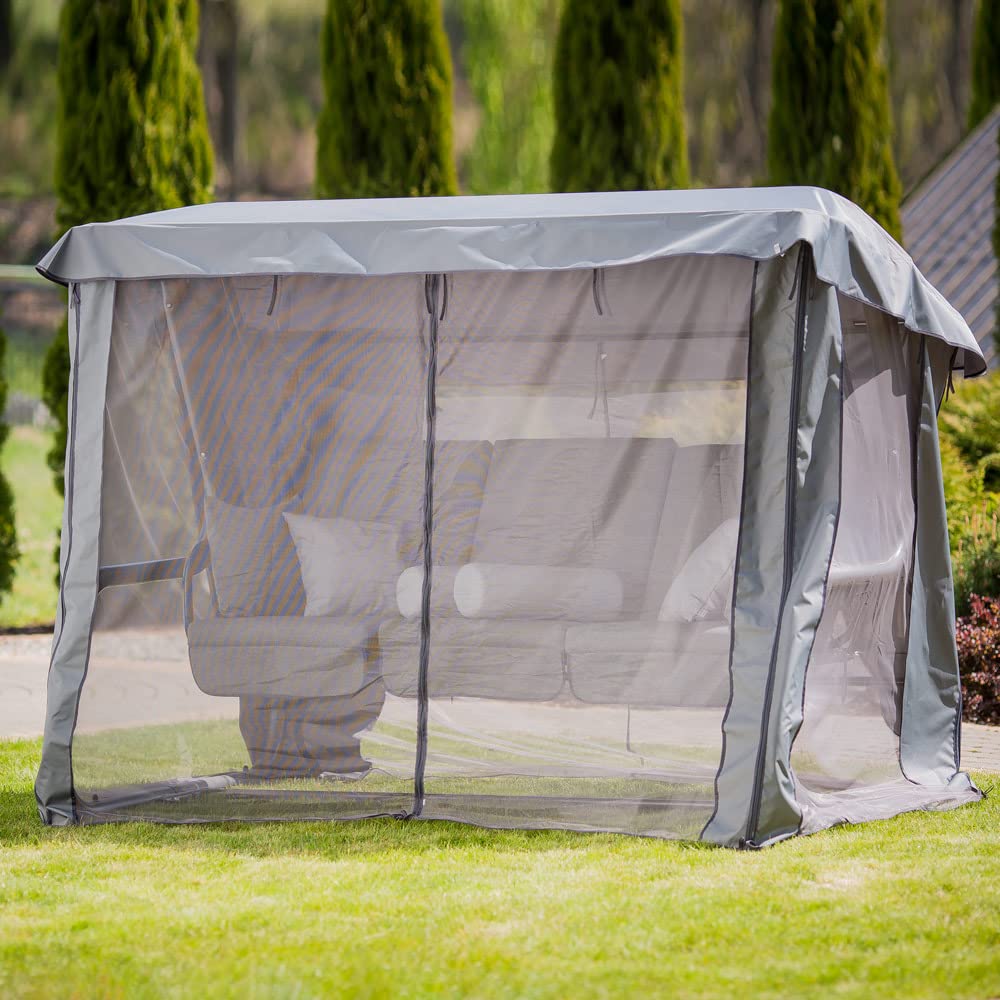 PATIO Hollywoodschaukel 4 Sitzer mit Liegefunktion 179 cm Venezia Lux Sitzpolster grau Sonnendach Moskitonetz Seitentische Dekokissen