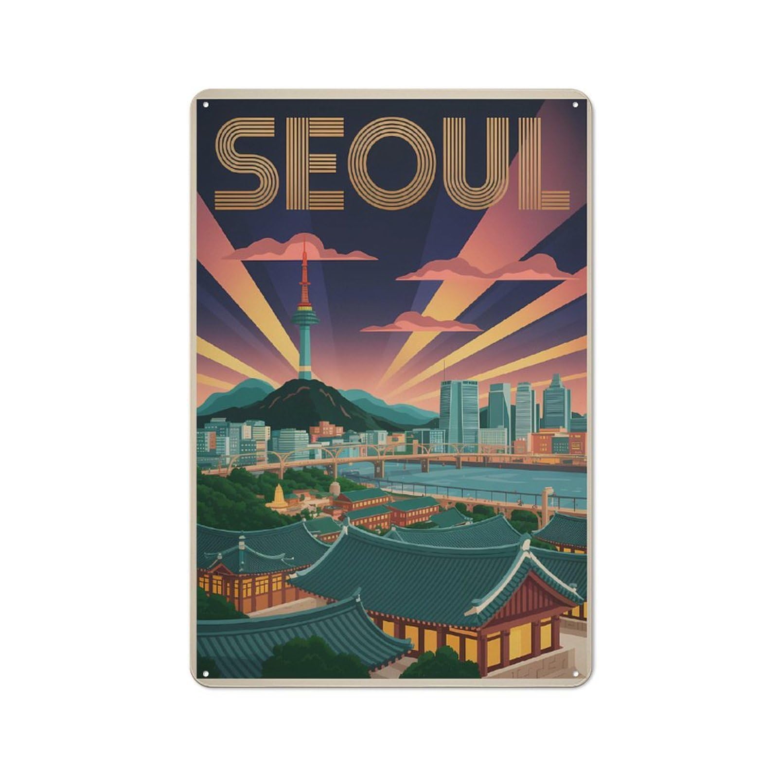 Junmoney Style-1 Seoul Cityscape Vintage Travel Metal Wall Sign 30X20cm, Retro Decor For Workshop Wall, For Garage, Workshop And Man Cave Decoration