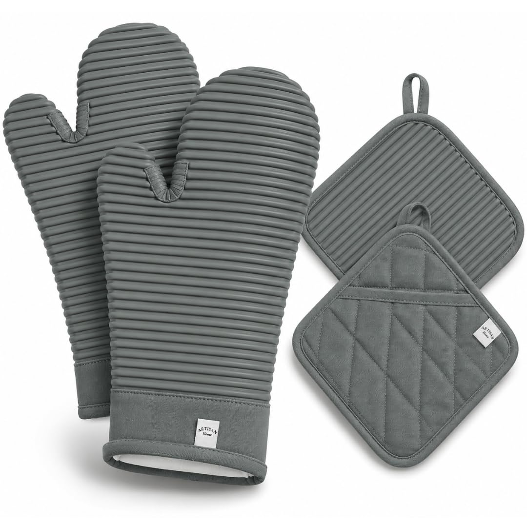 Juego de guantes de horno y agarraderas de silicona extralargos | Resistente al calor 260.0 °C sin BPA, almohadillas calientes de silicona de grado alimenticio y manoplas de cocina | Juego de 4