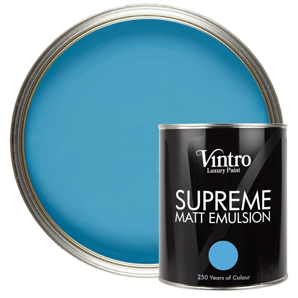 Vintro | Luxury Matt Emulsion | Blue | Smooth Chalky Finish | Multi Surface Paint | for Walls, Ceilings, Wood and Metal | 1L (Blue - Trinity) — image 1