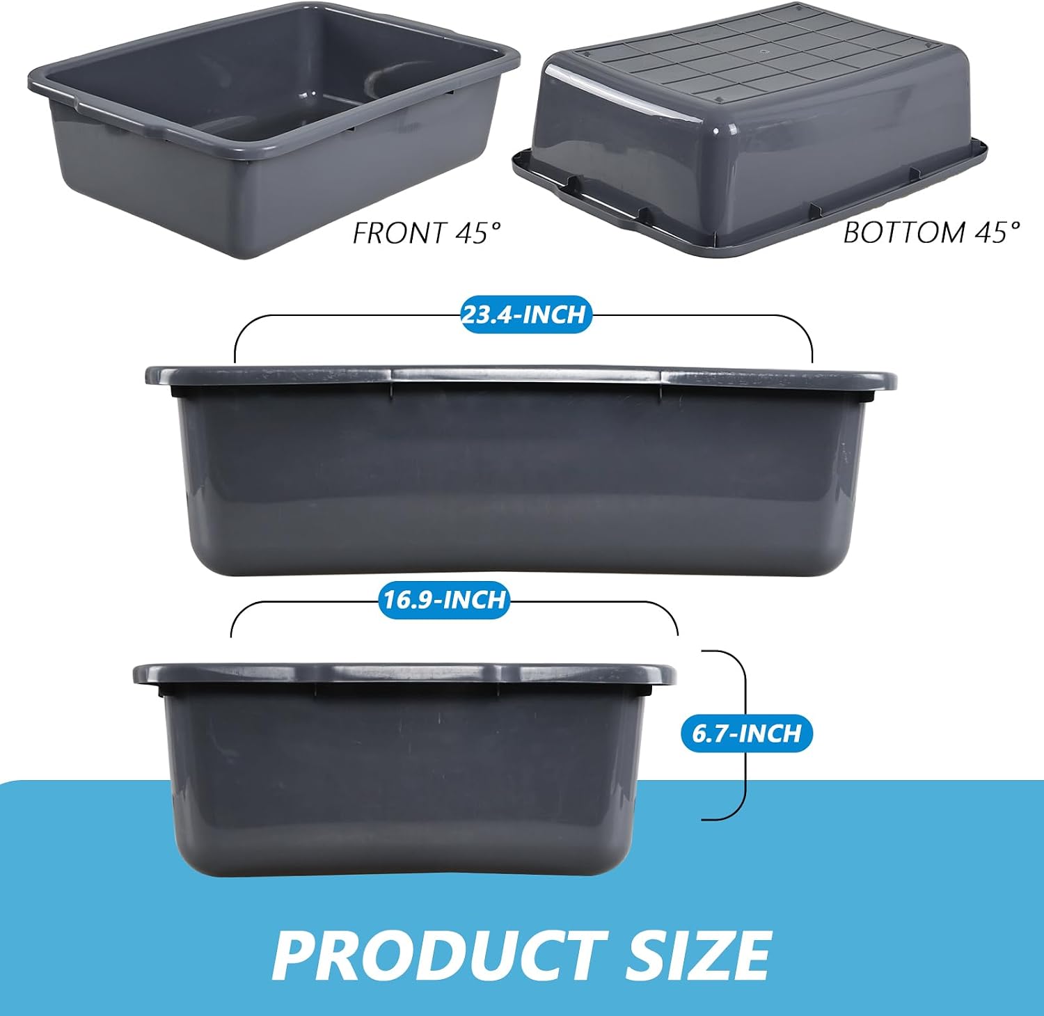 4-Pack 32 L Plastic Dish Tub, Large Utility Bus Box, Restaurant Dish Bin, Gray