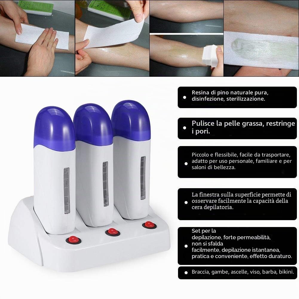 scalda cera elettrico, roll-on waxer, scaldacera con la base per la depilazione, macchina di depilazione di gambe e il corpo a casa (Tripla ceratura riscaldatori)