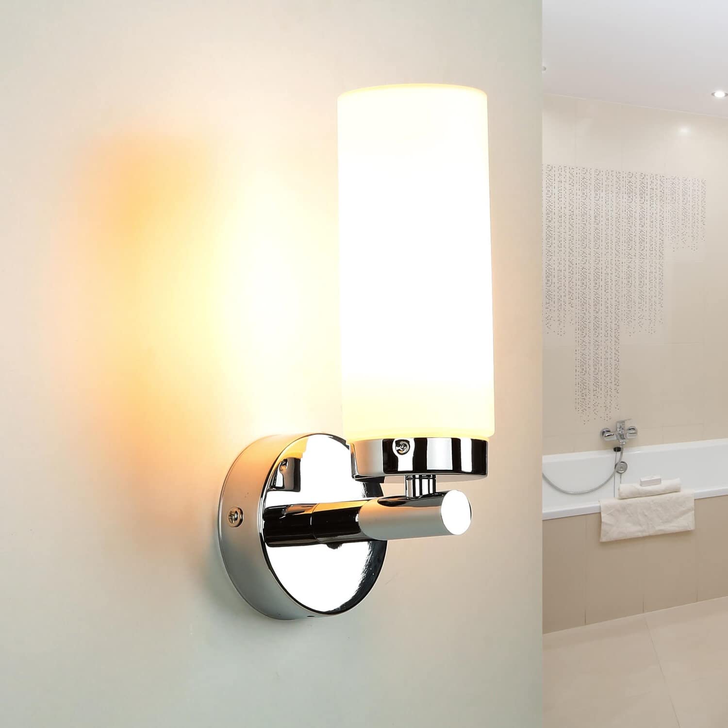 Aplique estrecho baño, aplique baño pared, en cromo, metal, cristal, luz espejo, bajo deslumbramiento, E14, H:22 cm, luz difusa, lámpara baño
