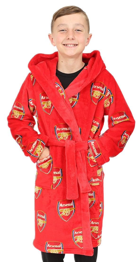 Arsenal Boys Official F.C. Dressing Gown Fleece Hooded Kids Robe (15-16 Years)