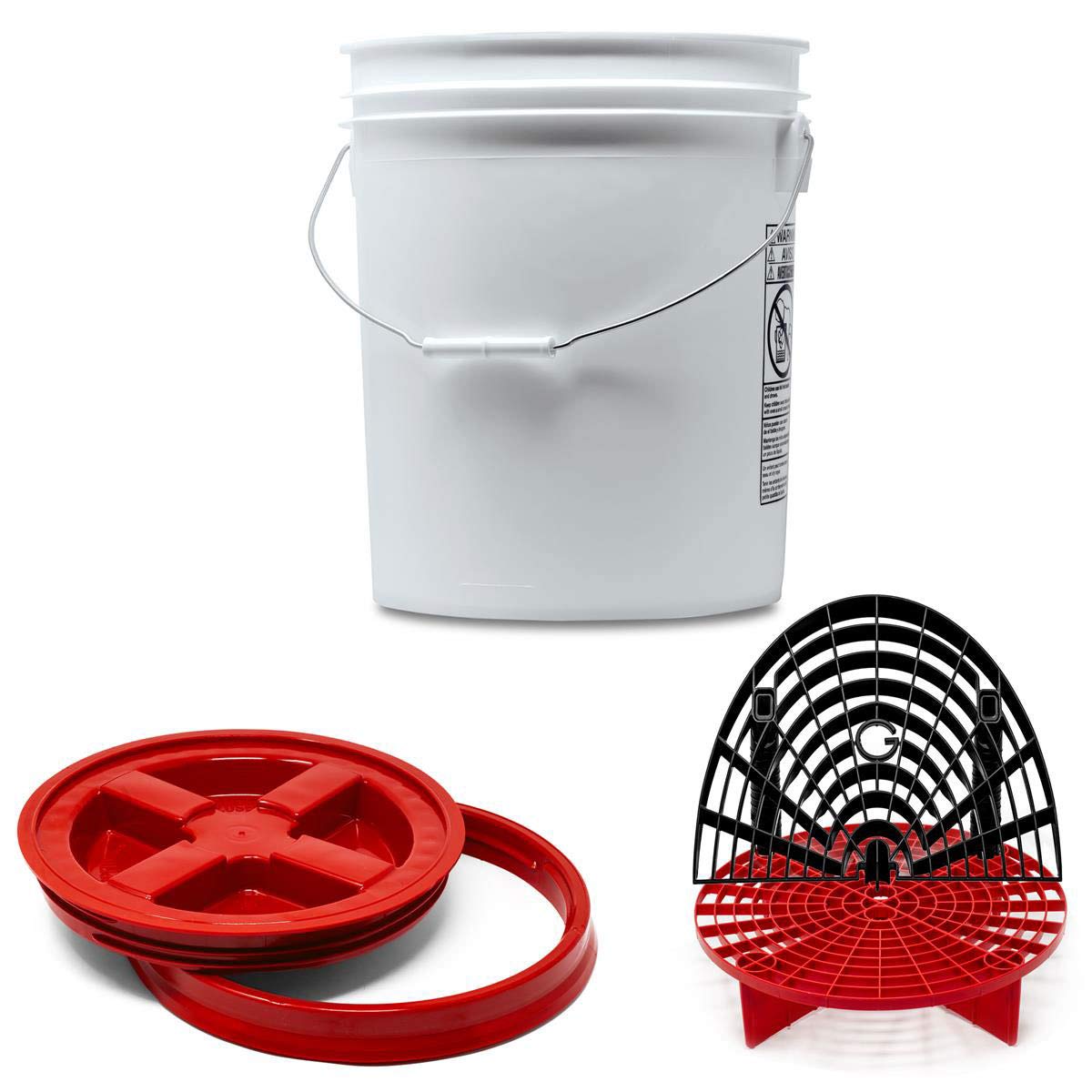 Detailmate professionelles Wasch Eimer Set: Magic Bucket Wascheimer 5 GAL (ca. 20 Liter), Gamma Seal Eimerdeckel rot, GritGuard Schmutz Einsatz rot, GritGuard Washboard schwarz