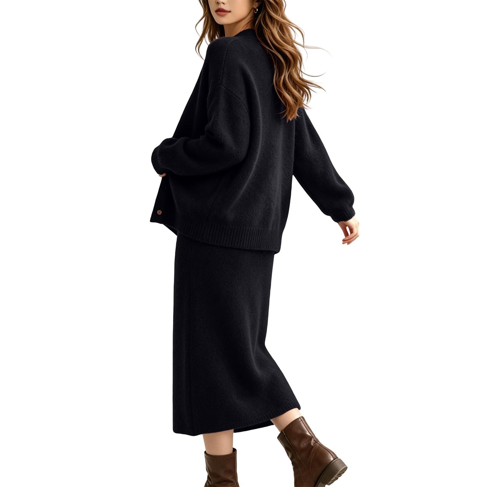 Conjunto de 2 piezas para mujer, manga larga, cuello redondo, vestido midi de punto con botones, cárdigan para otoño e invierno, cálido, cómodo, ajustado, traje de vestir