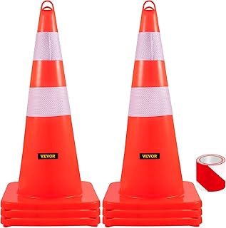 VEVOR Safety Cones, 6 x 28" Traffic Cones, PVC Orange Construction Cones, 2 Reflective Collars Traffic Cones with Weighted Base and Hand-Held Ring Used for Traffic Control, Driveway Road Parking