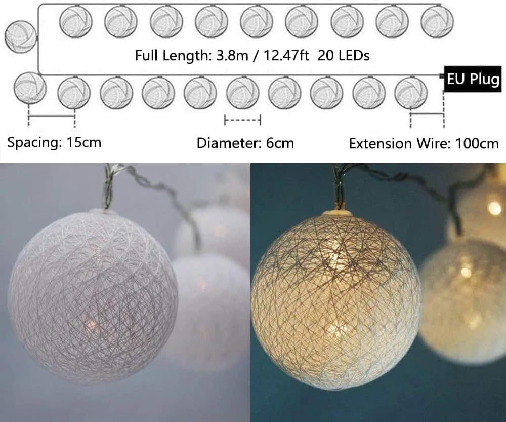 ENLACE Catena Luminosa Con Sfere Di Cotone, 1.5m 10 LED, Alimentazione A Batteria - Luce Calda Per Cameretta, Matrimonio, Feste, Decorazione Interni