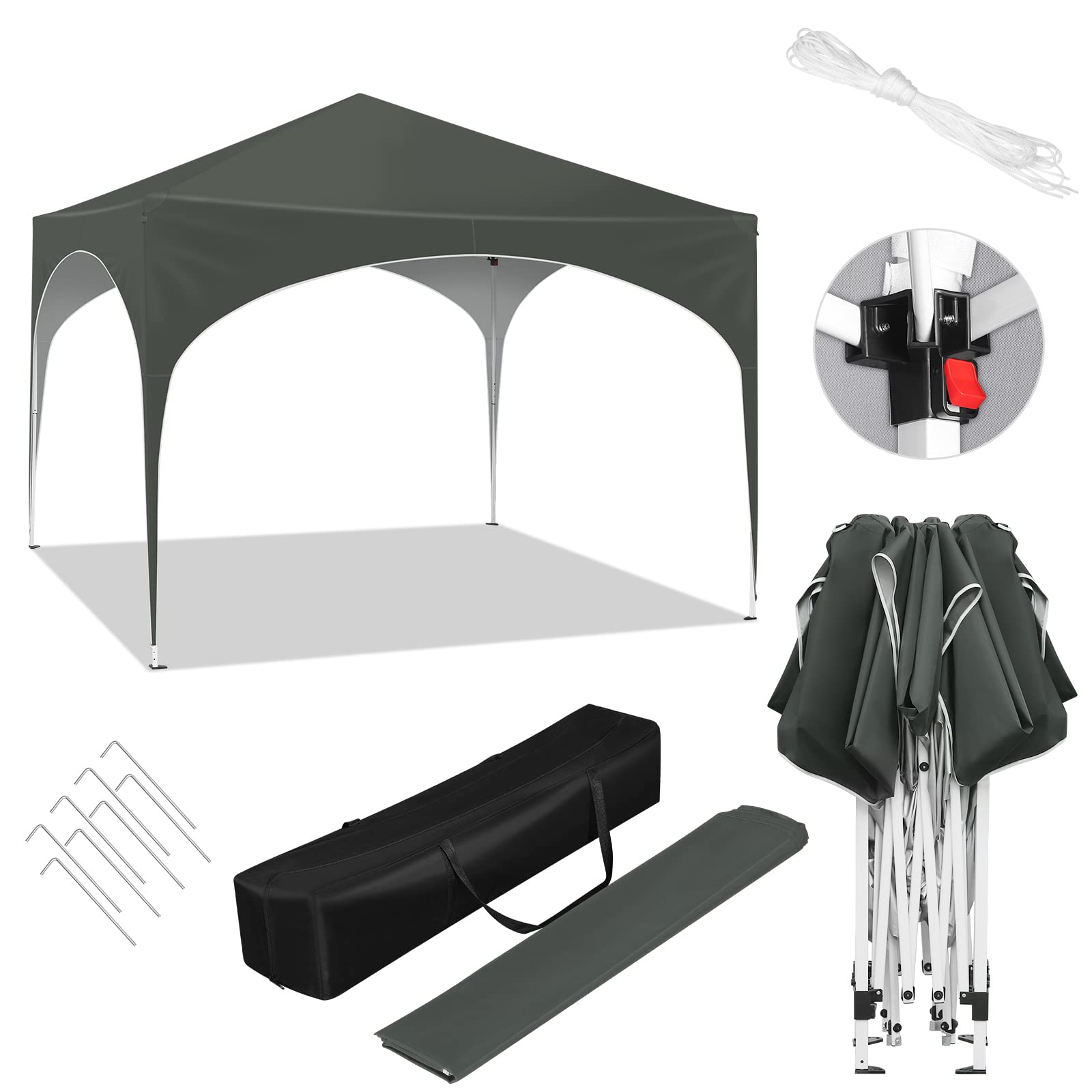 WOLTU Pabellón de Jardín Cenador Plegable Pérgola con Techo Carpa para Exteriores de Tela Oxford, 3x3 m, con Paredes Laterales Altura Ajustable para Camping y Playa,Gris