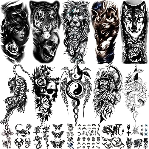 Vebiliki 22 Sheets Black 3D Waterproof Temporary Tattoos Stickers Lasting Fake Tattoos Snake tiger wolf lion dragon scorpion spider cat dolphin butterfly for Kids Adults Men and Women