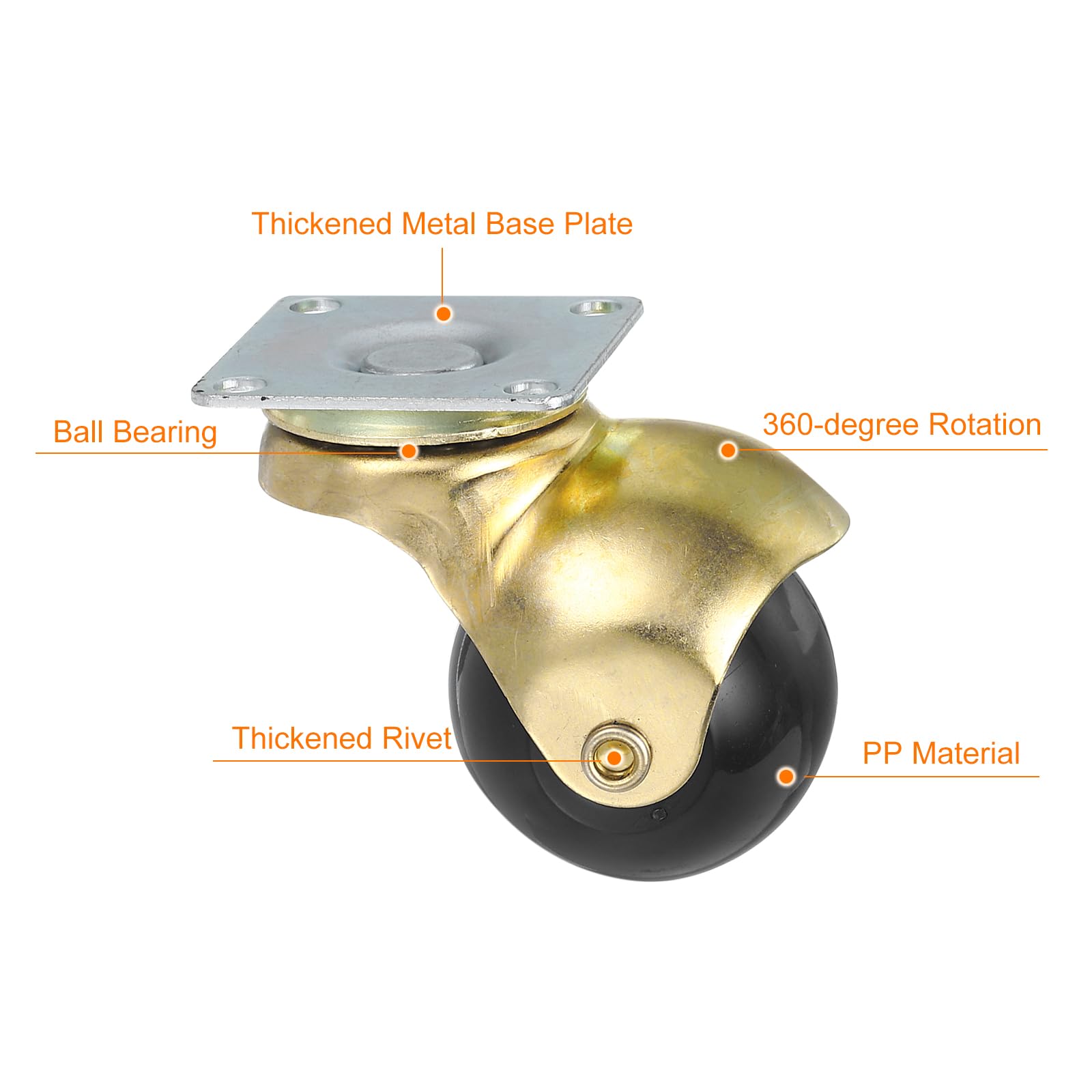 sourcing map 1.5" Ruedas Giratorias para Muebles, Juego de 4 Ruedas Giratorias de Bola, Ruedas Giratorias de Placa de 360 Grados para Muebles, Tono Dorado