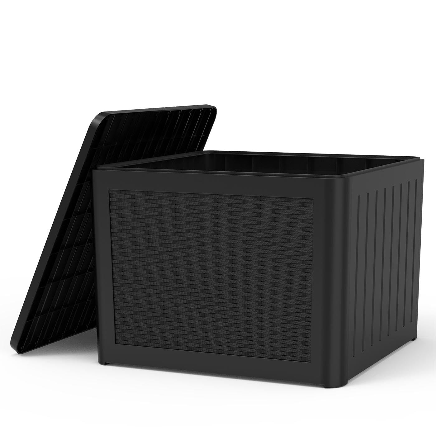 JKR Deck Box 35 Gallon Resin Storage Box Side Table Indoor Outdoor Weterproof and UV Resistant for Patio Furniture, Small Deck Box Resin, Outside Patio Table with Storage Durable for Balls, Black